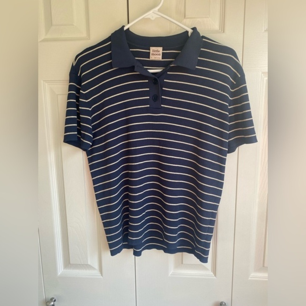 Airtzia Little Moon Verbena Navy Striped Polo Knit Shirt Relaxed Fit